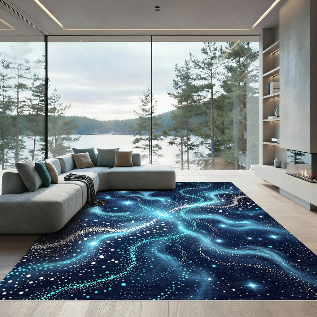 Celestial Blue Swirling Nebula Stars Rug