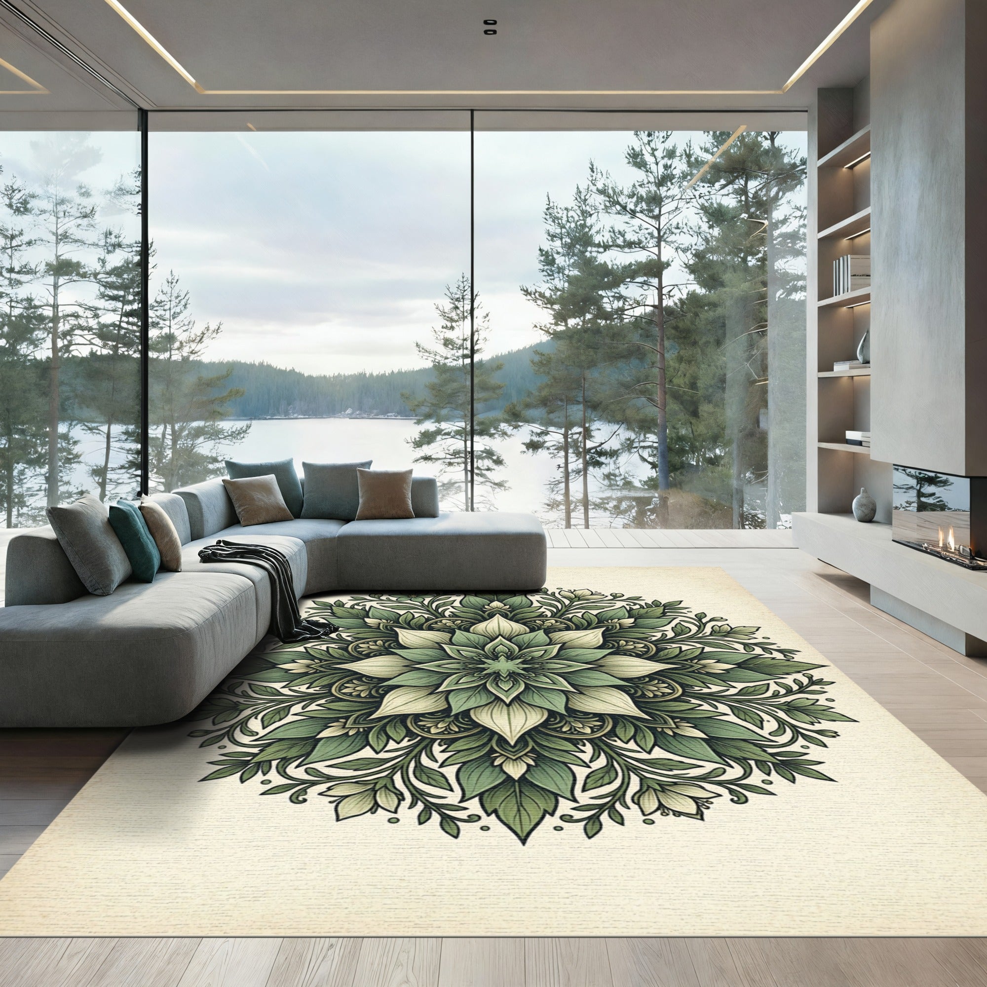 Elegant Emerald Botanical Leaf Mandala Rug