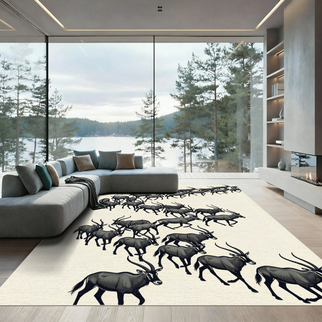 Monochrome Antelope Herd Minimalist Art Rug