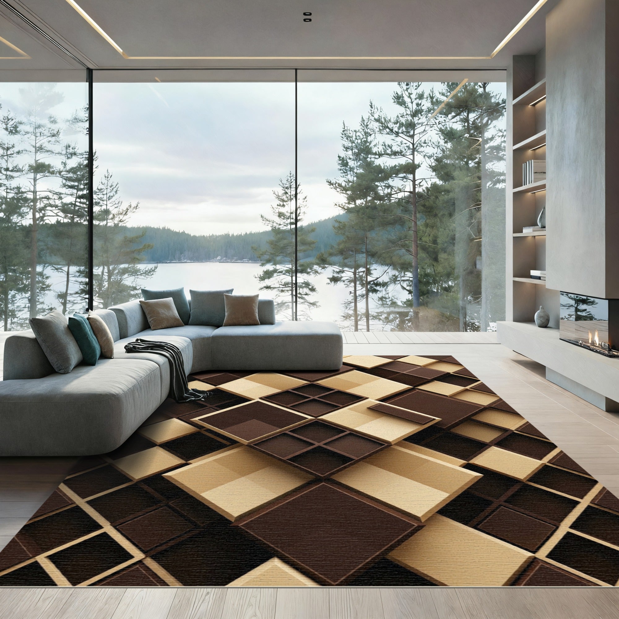 Geometric Espresso and Cream Layered Blocks Rug