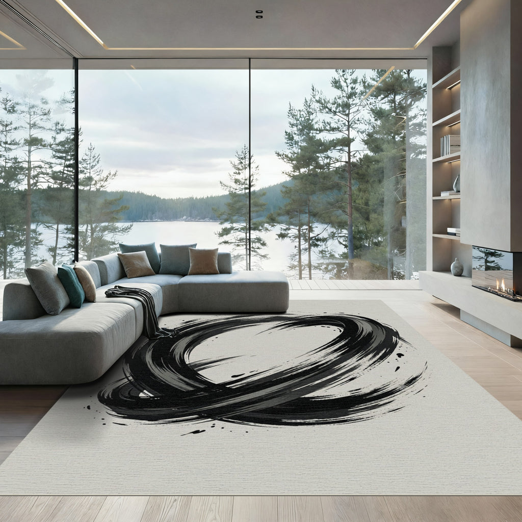 Ink Brush Swirl Abstract Oval Design Rug