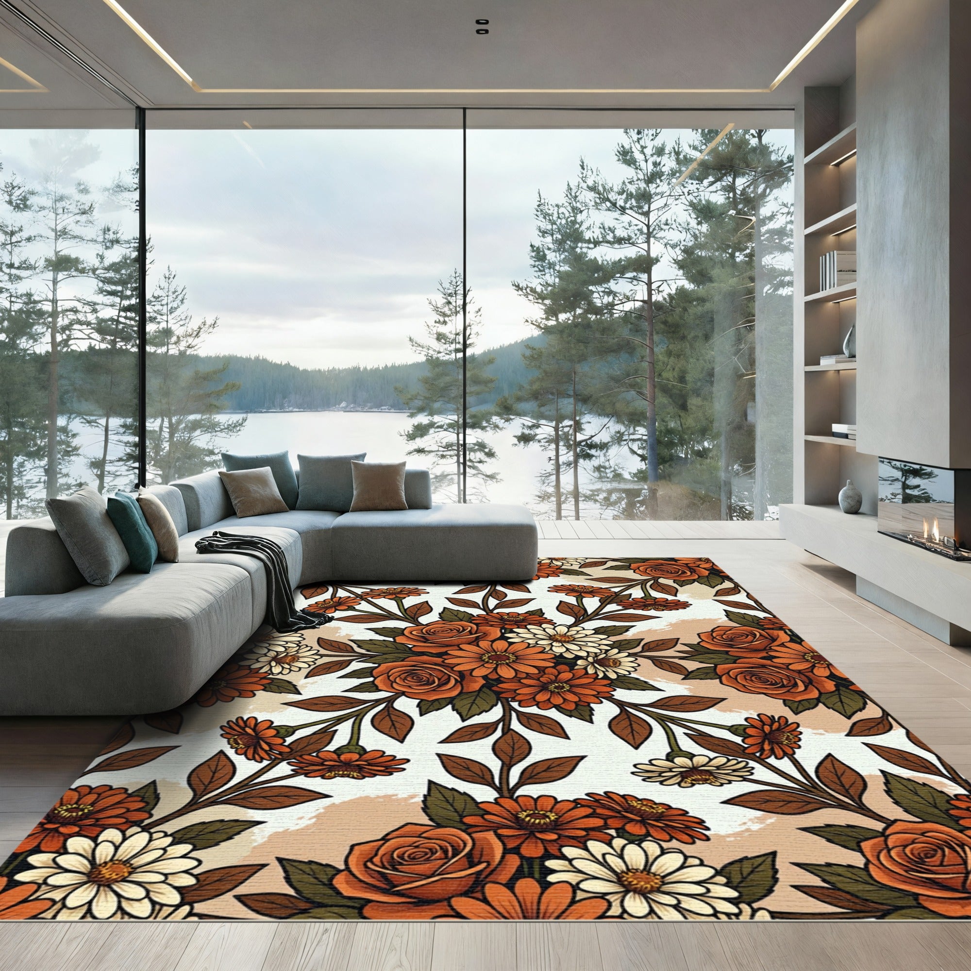 Autumnal Orange Rose and Daisy Bouquet Rug