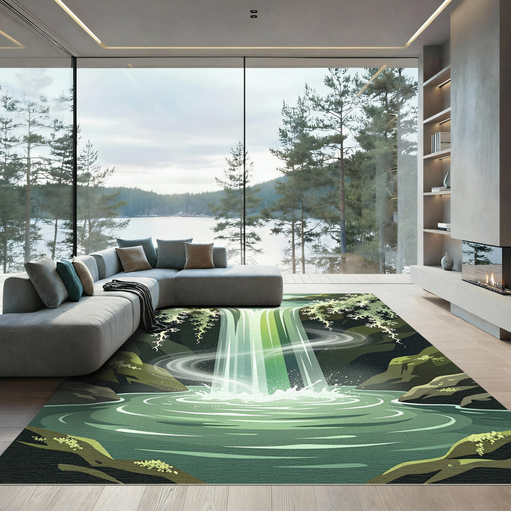 Verdant Waterfall Lush Nature Scene Rug