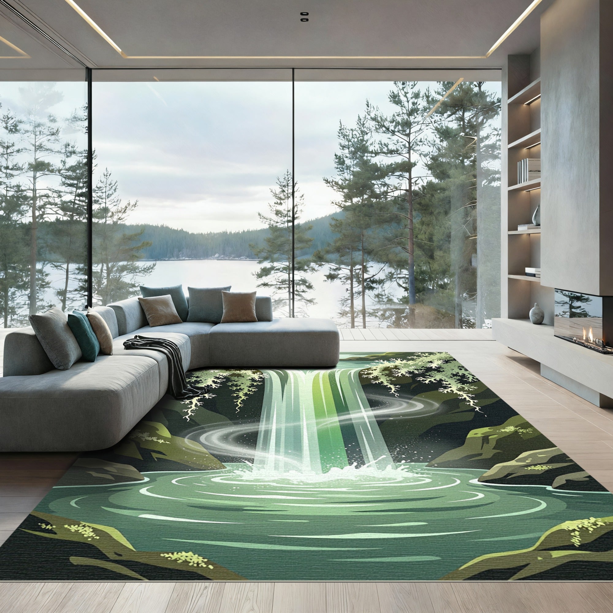 Verdant Waterfall Lush Nature Scene Rug