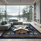 Midnight Navy Snowy Cabin Winter Nordic Rug