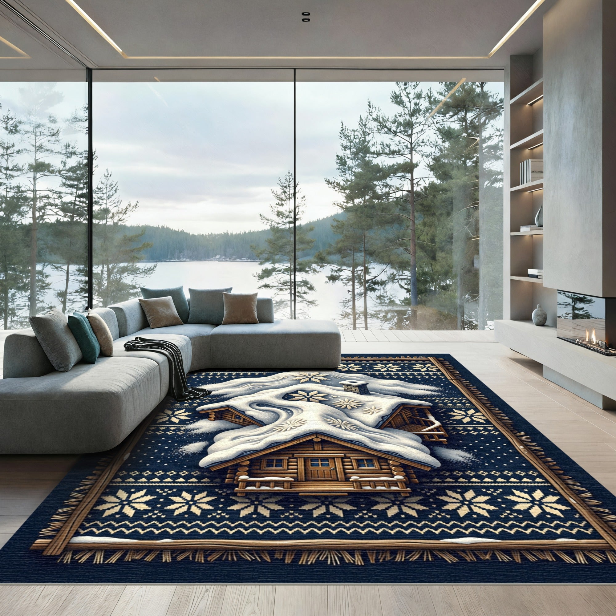 Midnight Navy Snowy Cabin Winter Nordic Rug