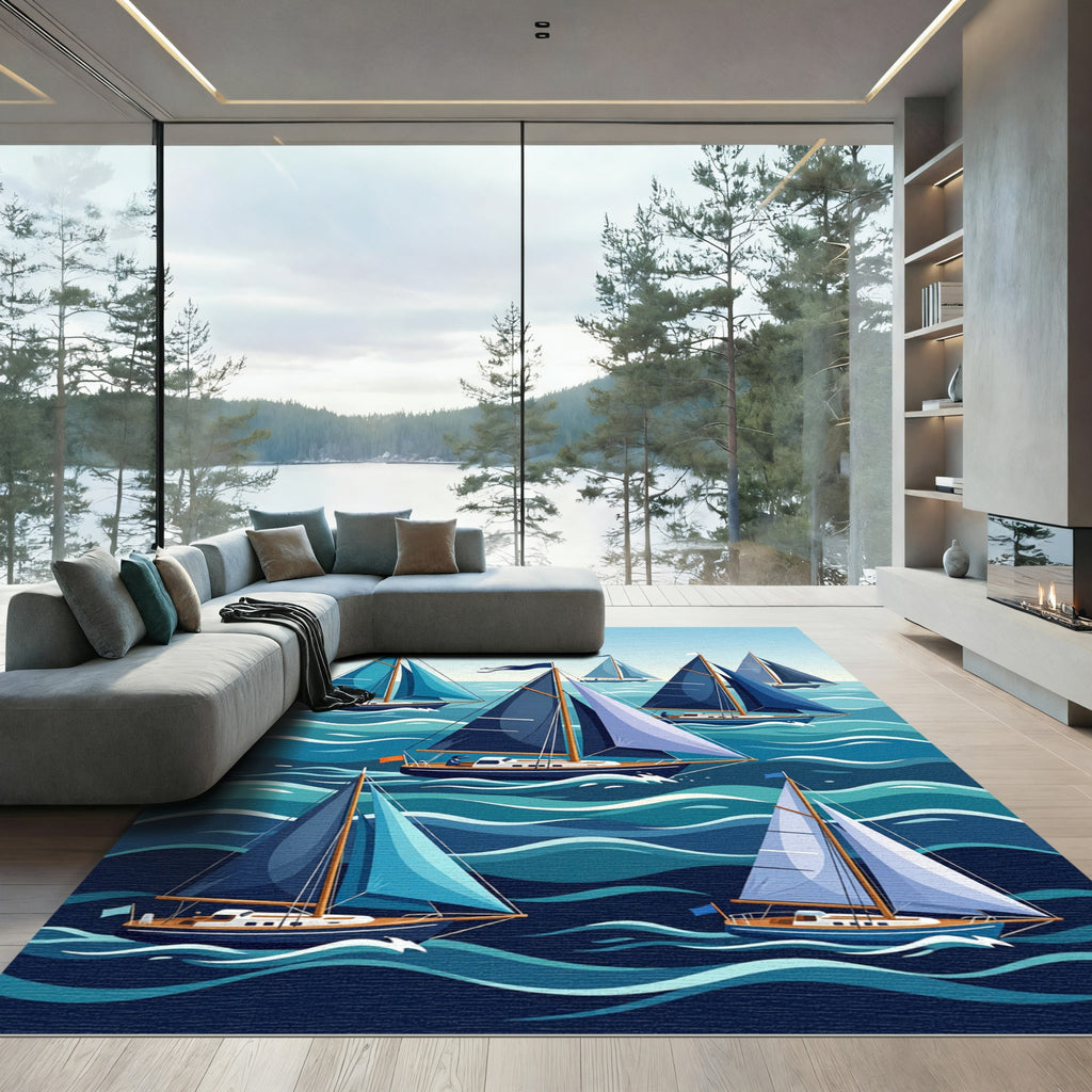 Nautical Sailboats Sailing Ocean Waves Rug