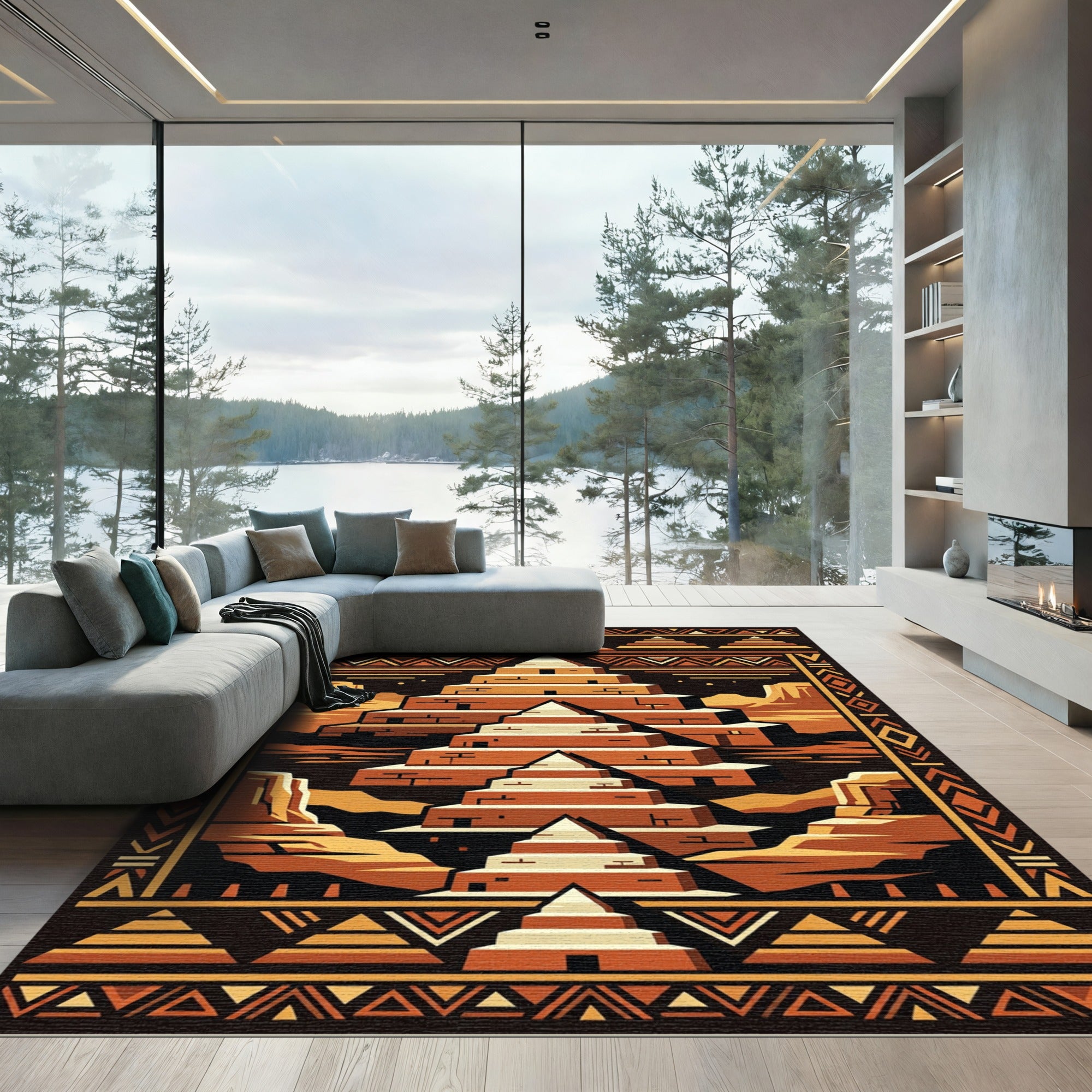 Earthy Terracotta Layered Ziggurat Geometric Rug