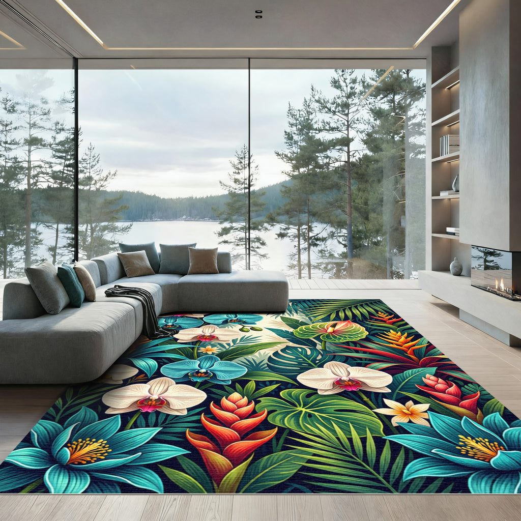 Tropical Orchid Bloom Leaf Collage Rug