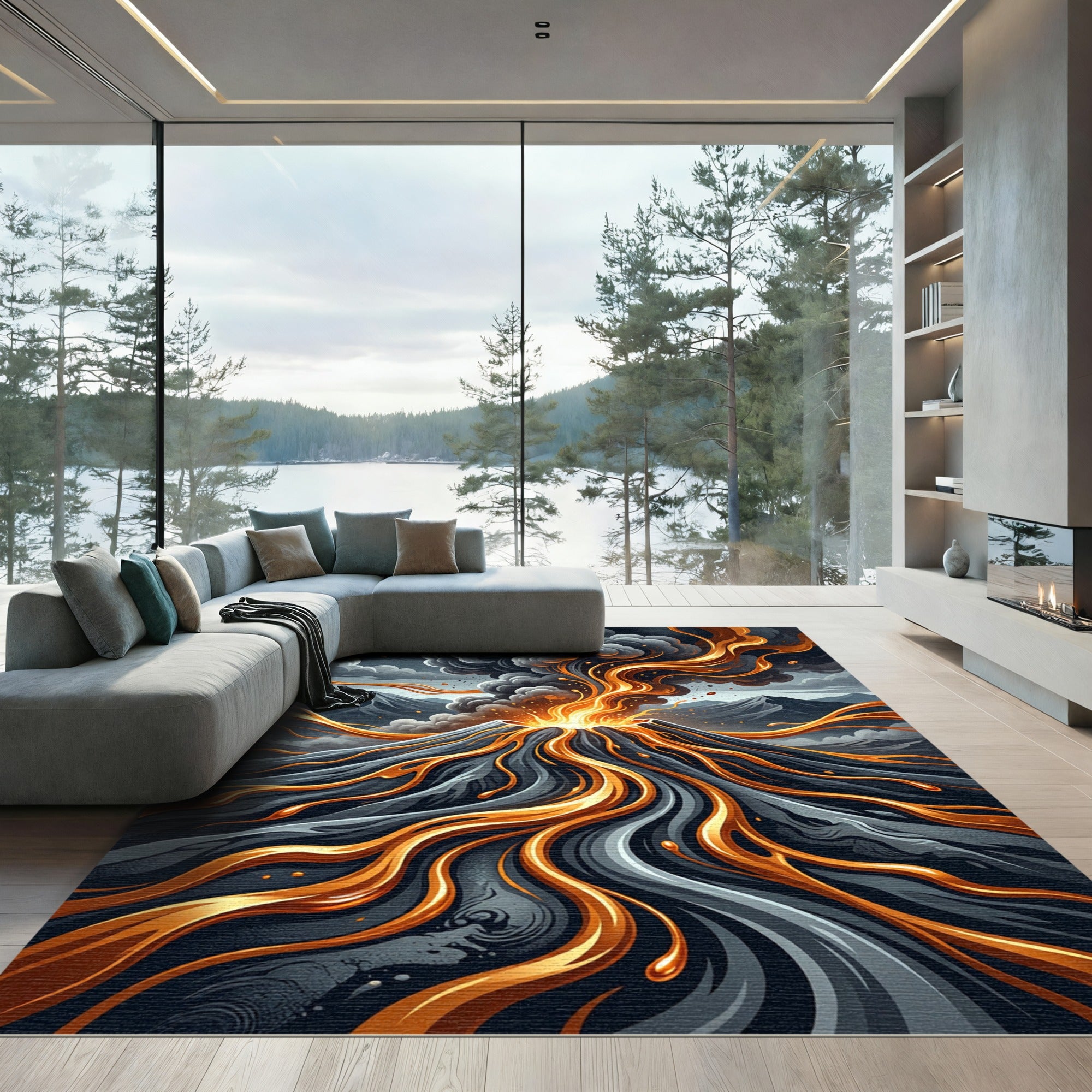 Dynamic Molten Lava Eruption Abstract Art Rug