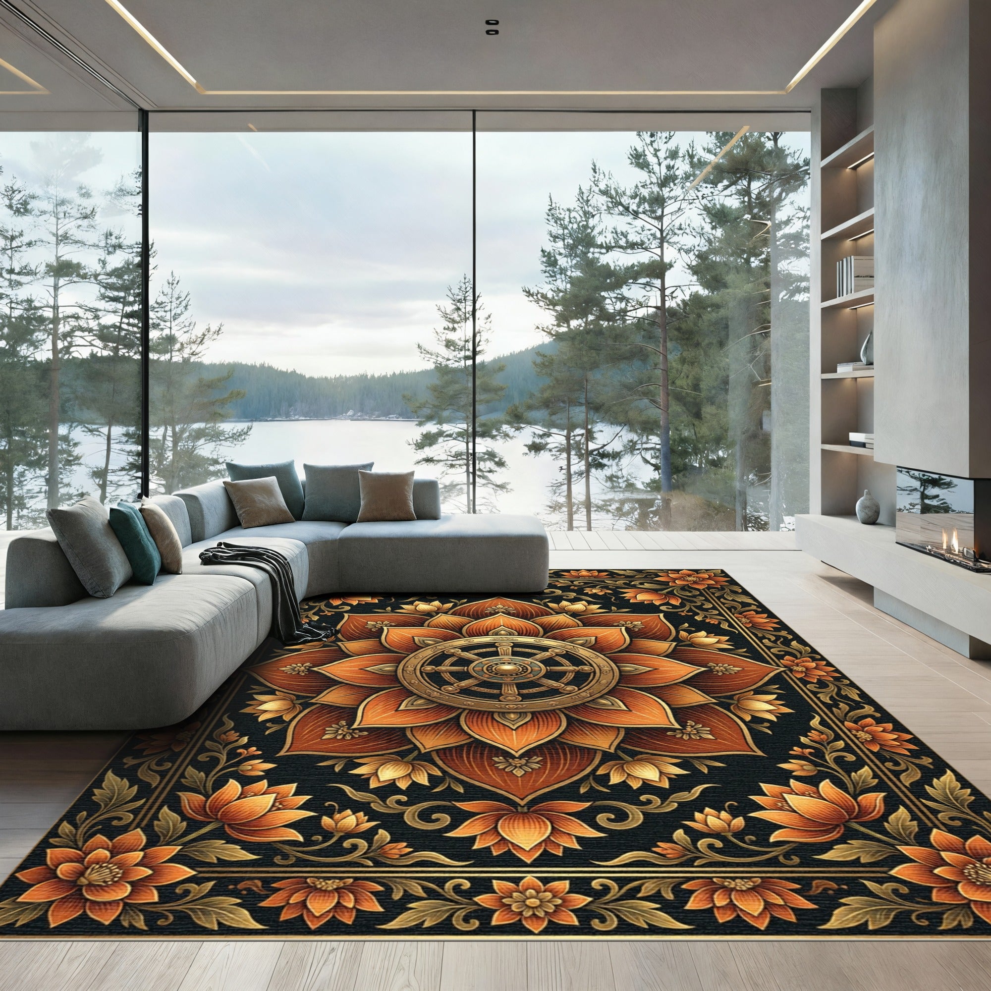 Golden Lotus Dharma Wheel Floral Medallion Rug
