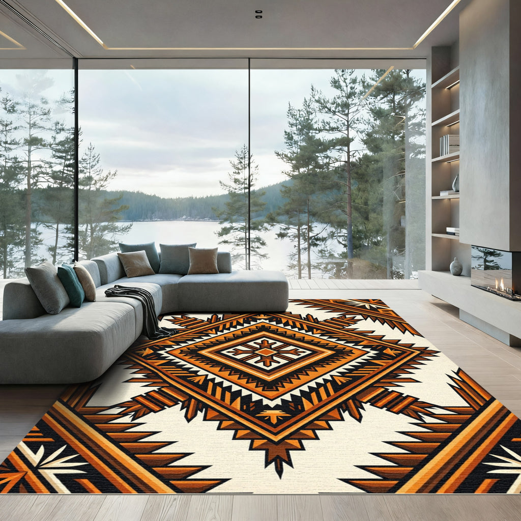 Bold Amber Geometric Diamond Sunburst Rug