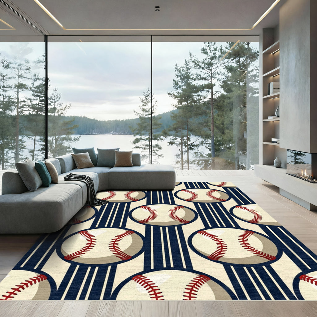 Classic Baseball Graphic Navy Striped Rug