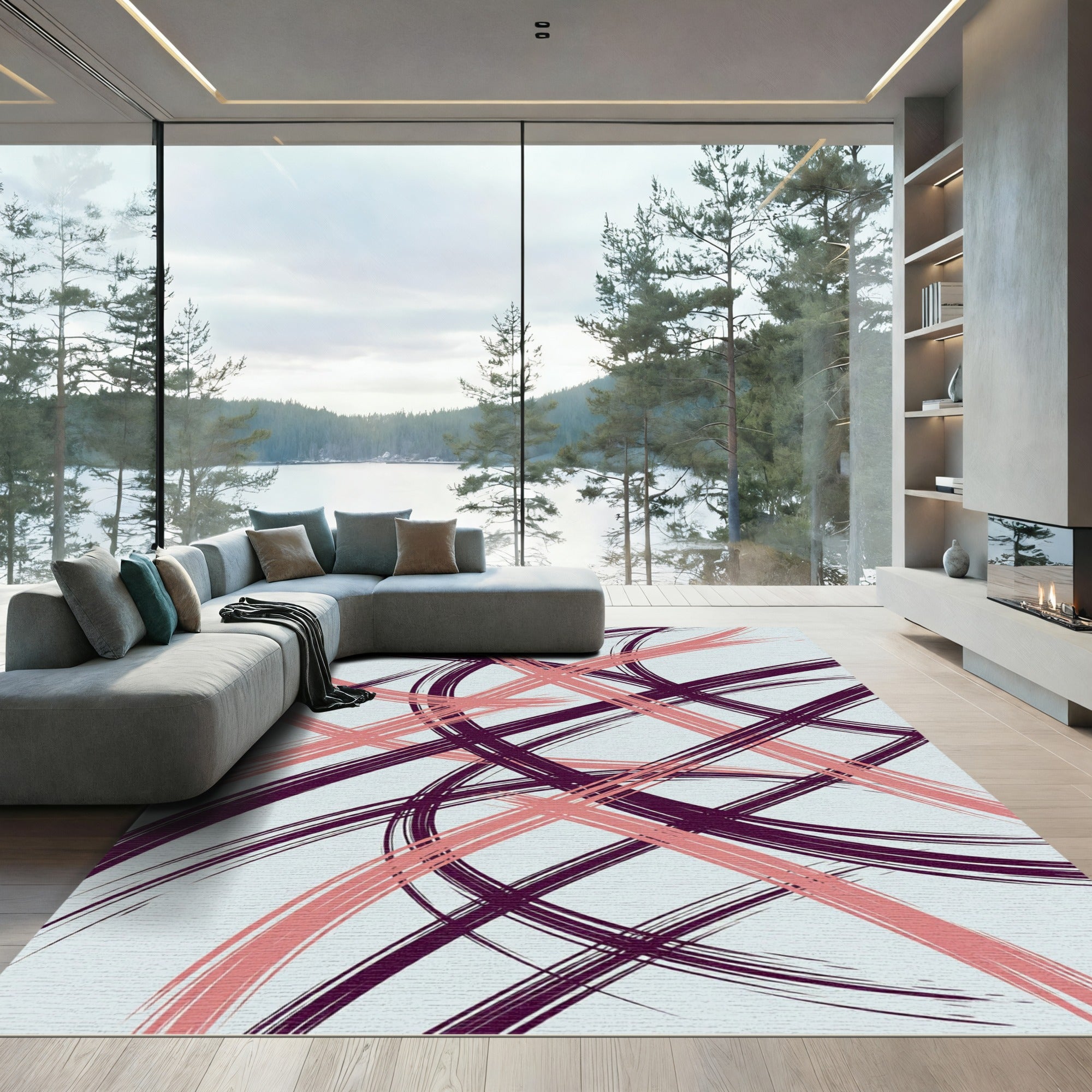 Plum Coral Abstract Paint Strokes Rug