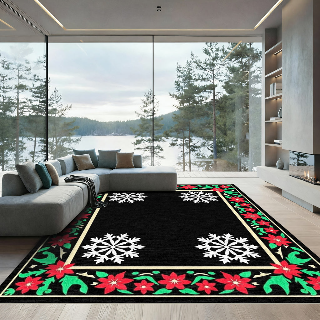 Festive Red Poinsettia Snowflake Border Rug
