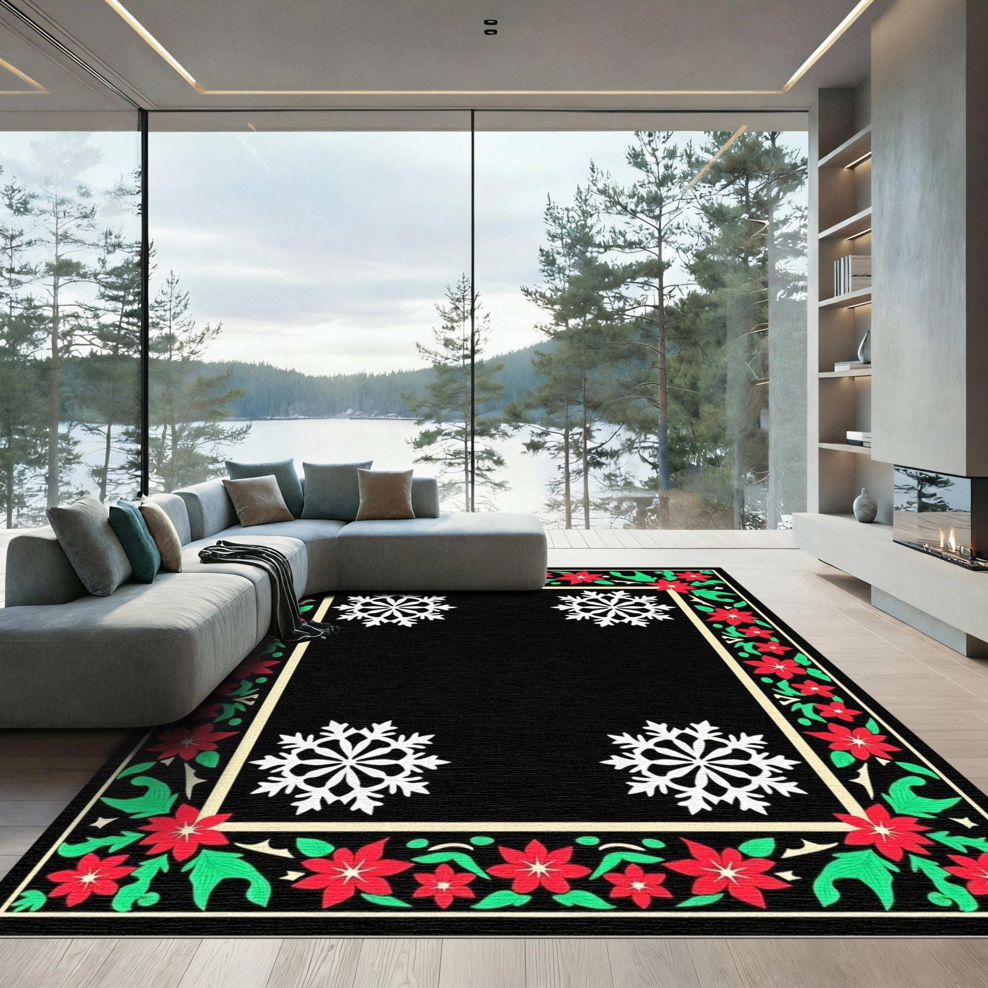 Festive Red Poinsettia Snowflake Border Rug
