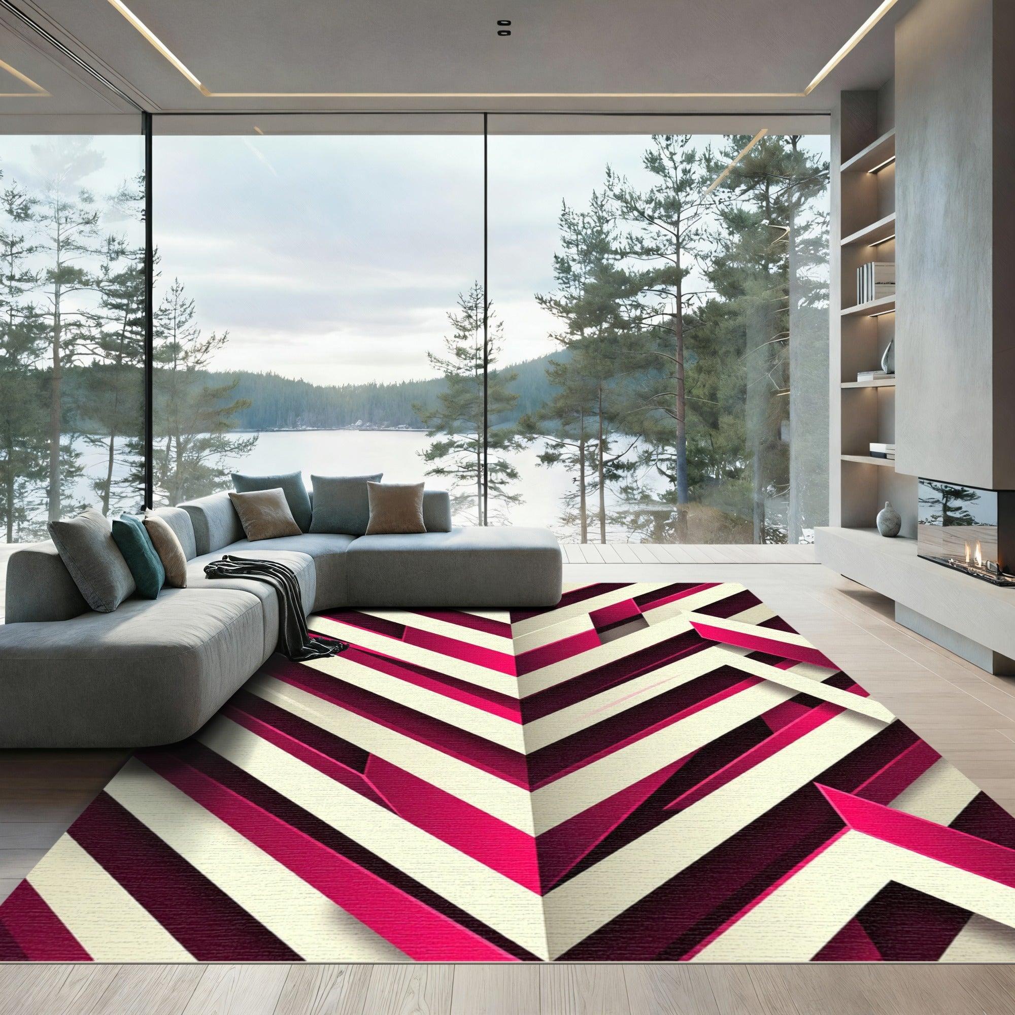 Modern Crimson Chevron Geometric Rug