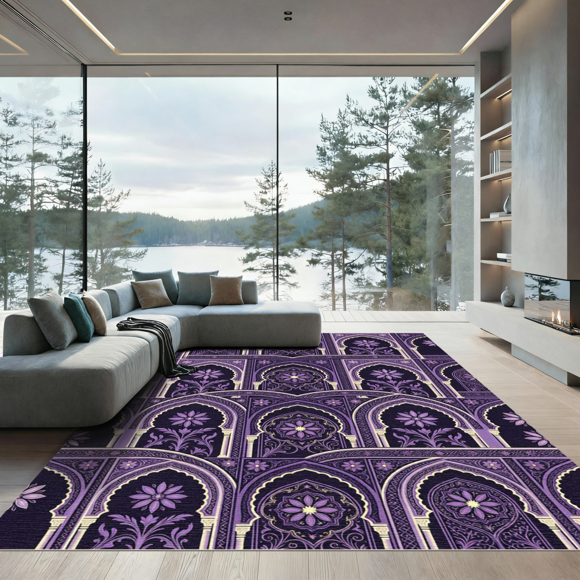 Purple Arch Floral Medallion Scene Rug