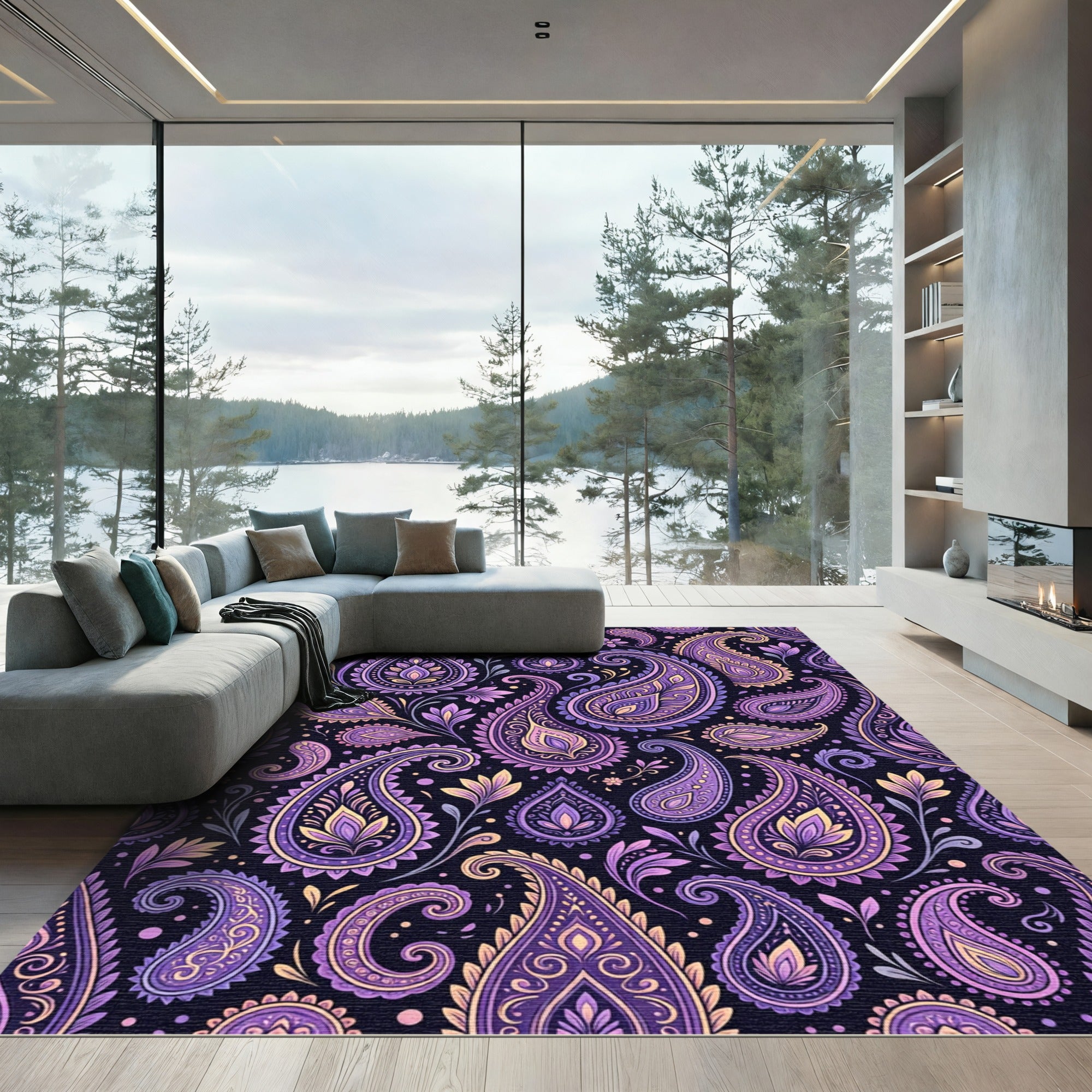 Purple Yellow Paisley Floral Pattern Rug