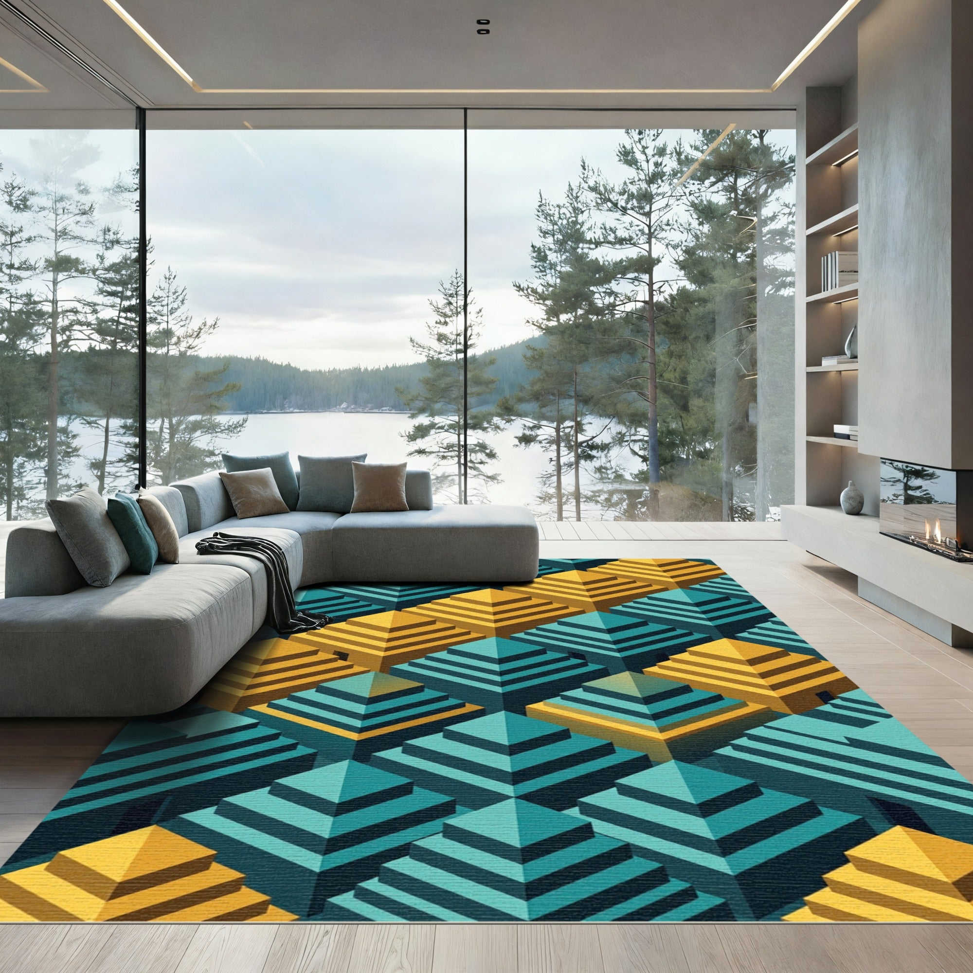 Geometric Teal and Golden Pyramid Abstract Rug