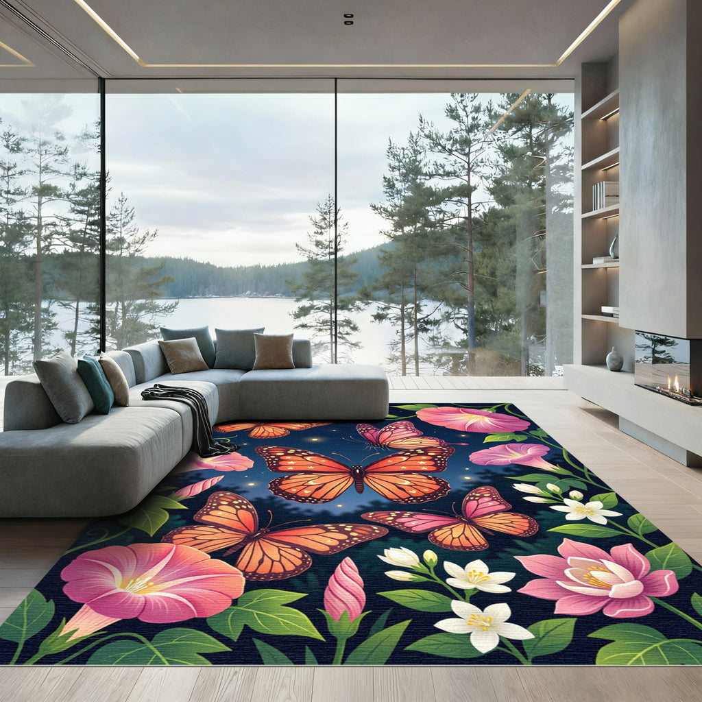 Orange Butterfly Garden Night Scene Rug