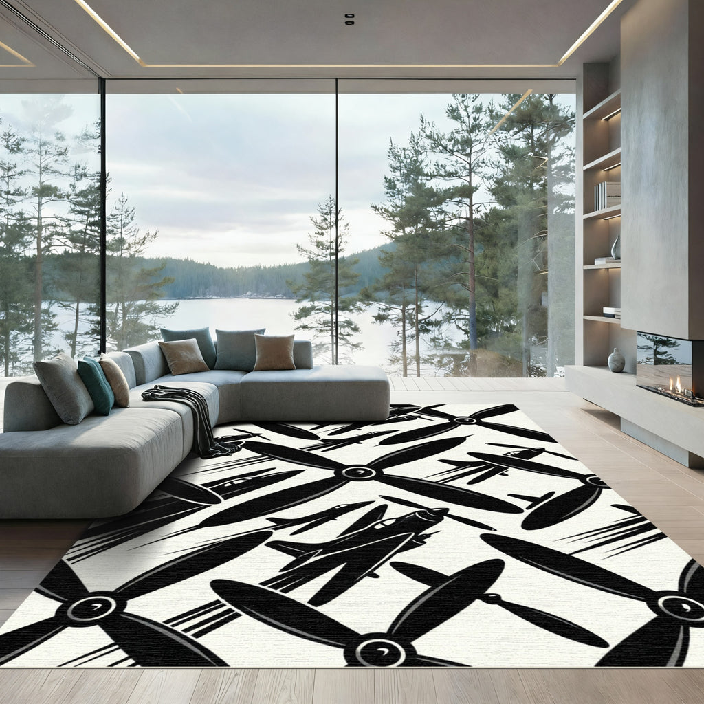 Black Vintage Propeller Airplane Graphic Rug