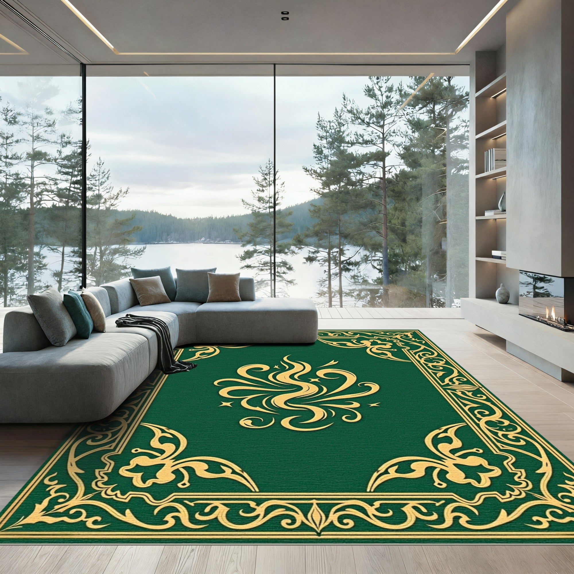 Emerald Gold Ornate Flourish Frame Rug