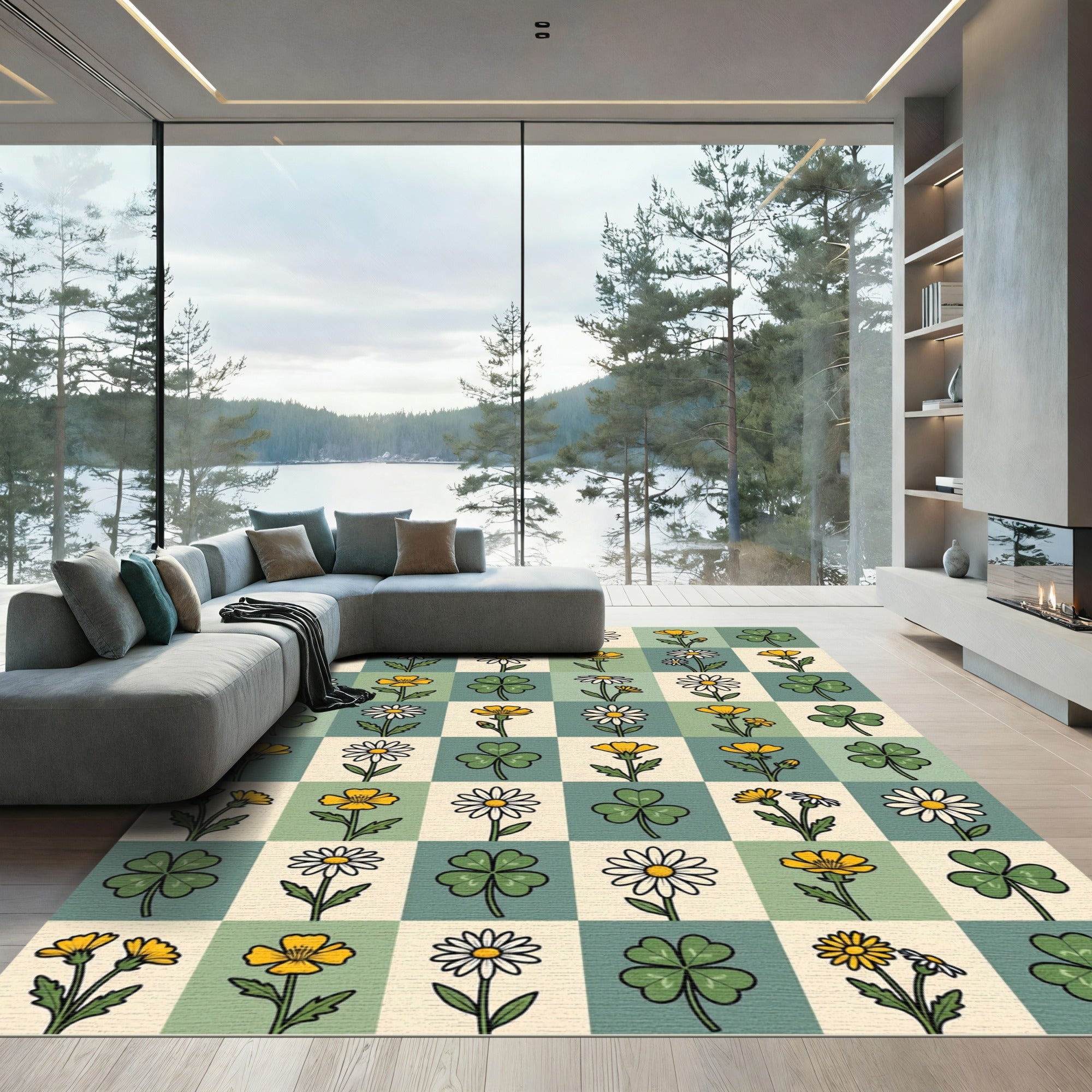 Sage Green Checkerboard Daisy Clover Grid Rug