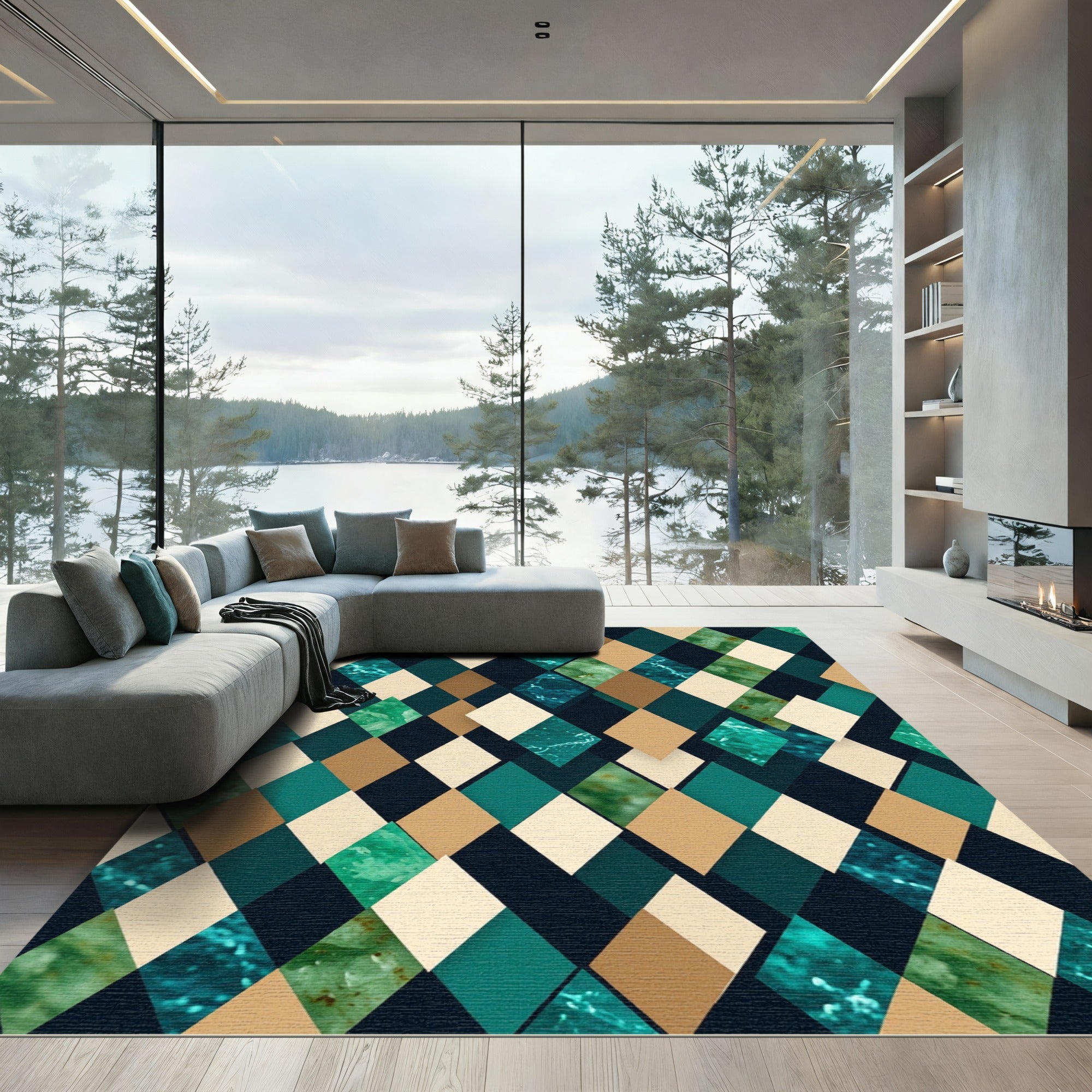 Teal and Gold Geometric Diamond Argyle Rug