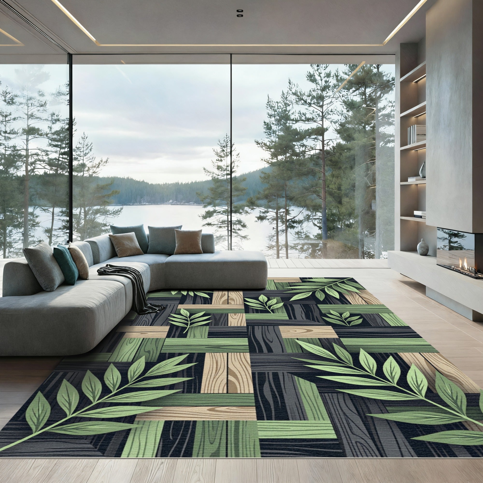 Woven Olive Wood Grain Foliage Rug