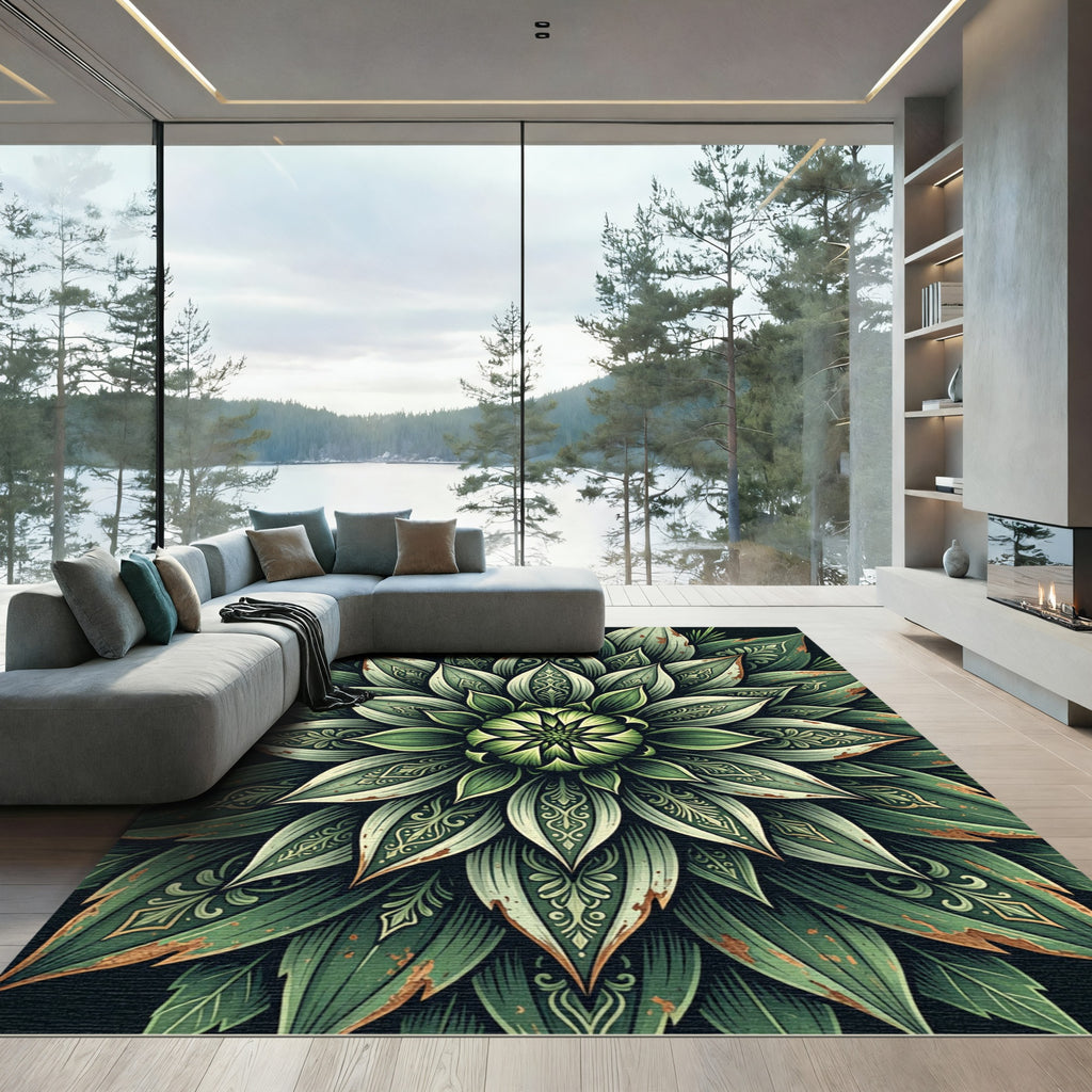 Embroidered Emerald Leaf Botanical Mandala Rug