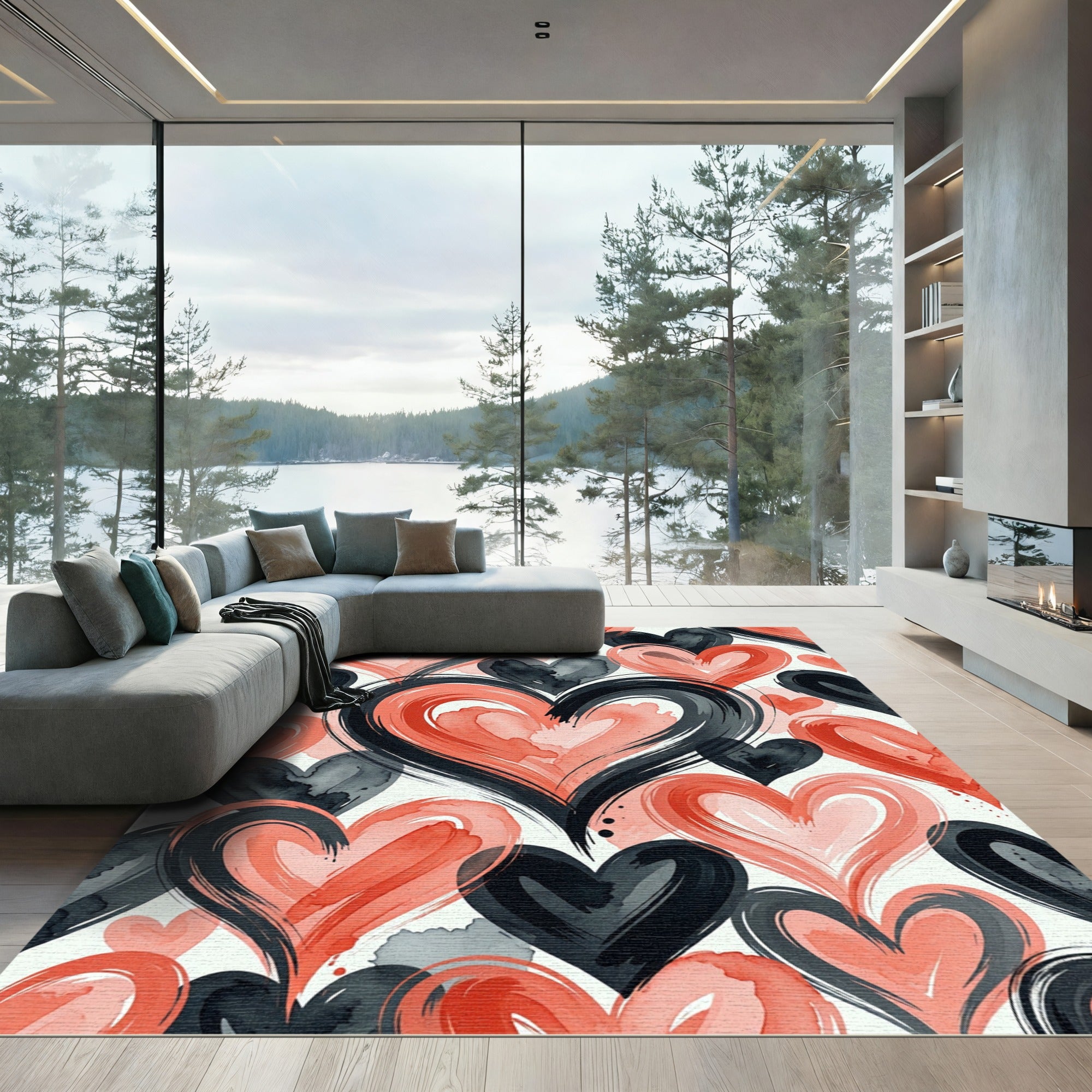 Bold Coral Black Heart Brushstroke Rug