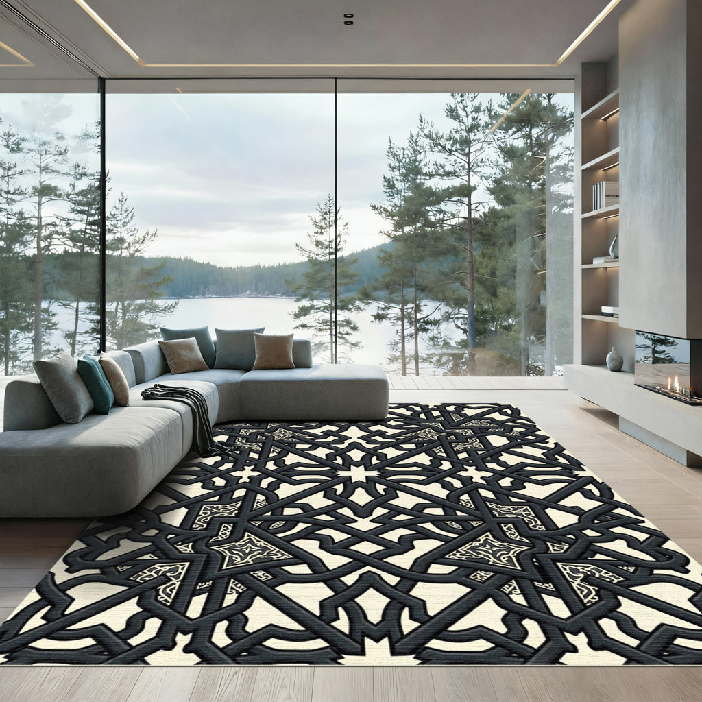 Intricate Black Ivory Geometric Star Rug