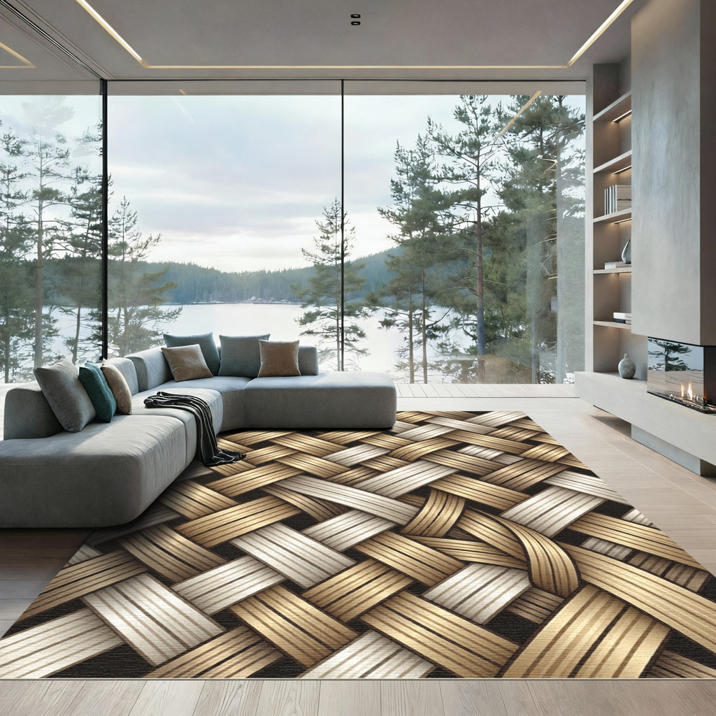 Metallic Gold Ivory Woven Interlocking Texture Rug