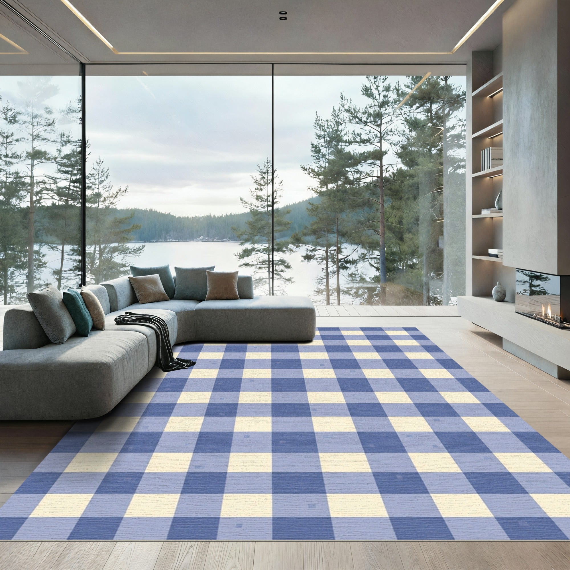 Blue Cream Gingham Checkered Rug