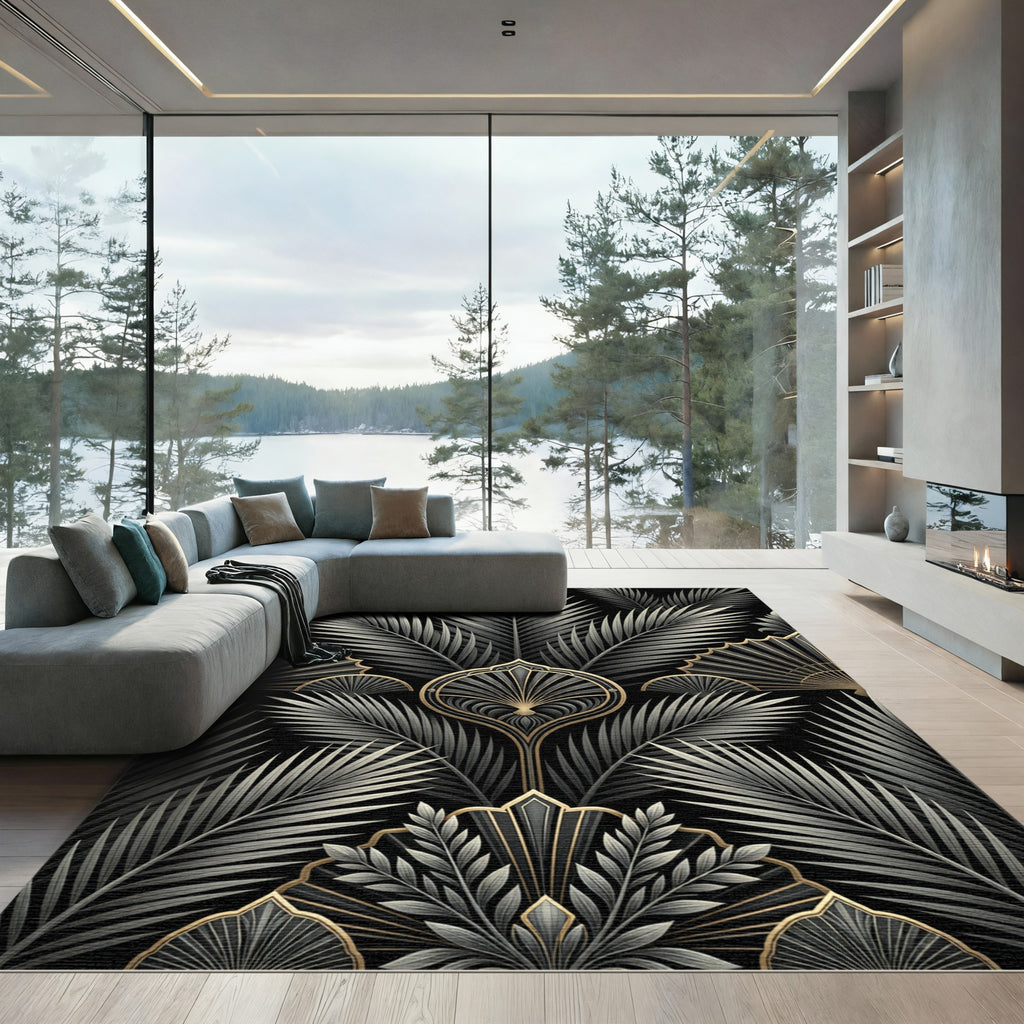 Art Deco Black Gold Palm Leaf Rug