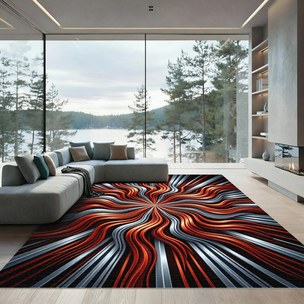 Fiery Orange Silver Radial Waves Rug