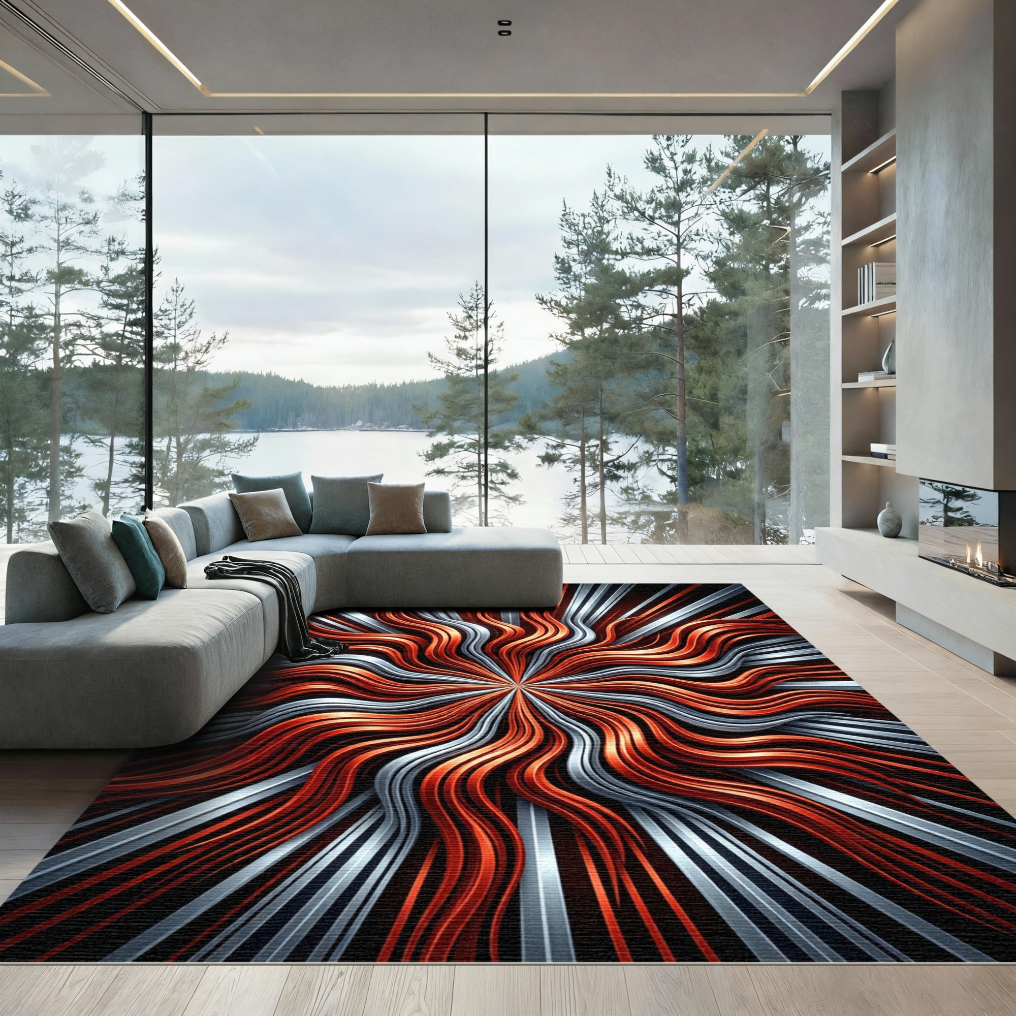 Fiery Orange Silver Radial Waves Rug