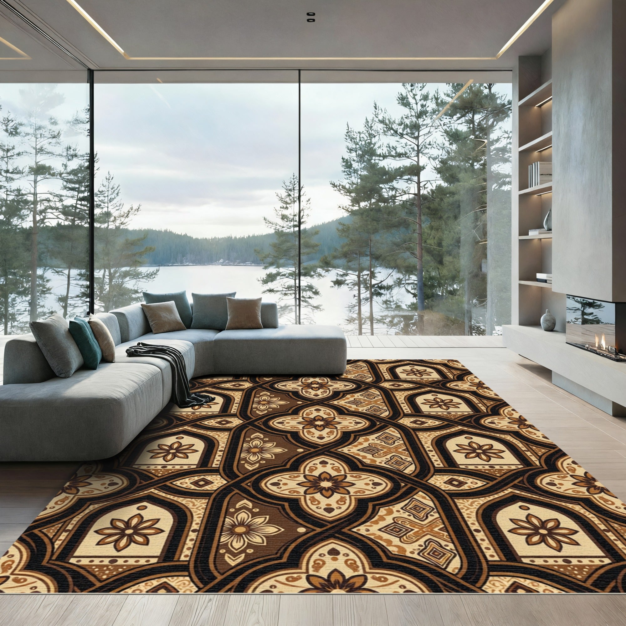 Elegant Brown Floral Arch Interlaced Tile Rug
