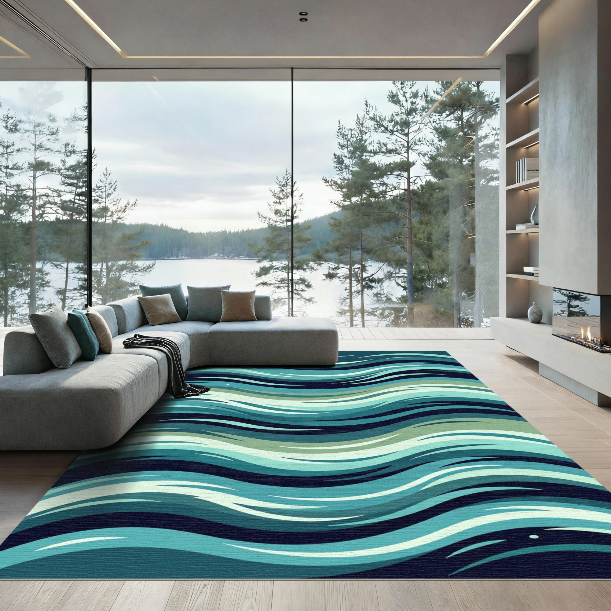 Serene Teal Swirling Ocean Waves Rug