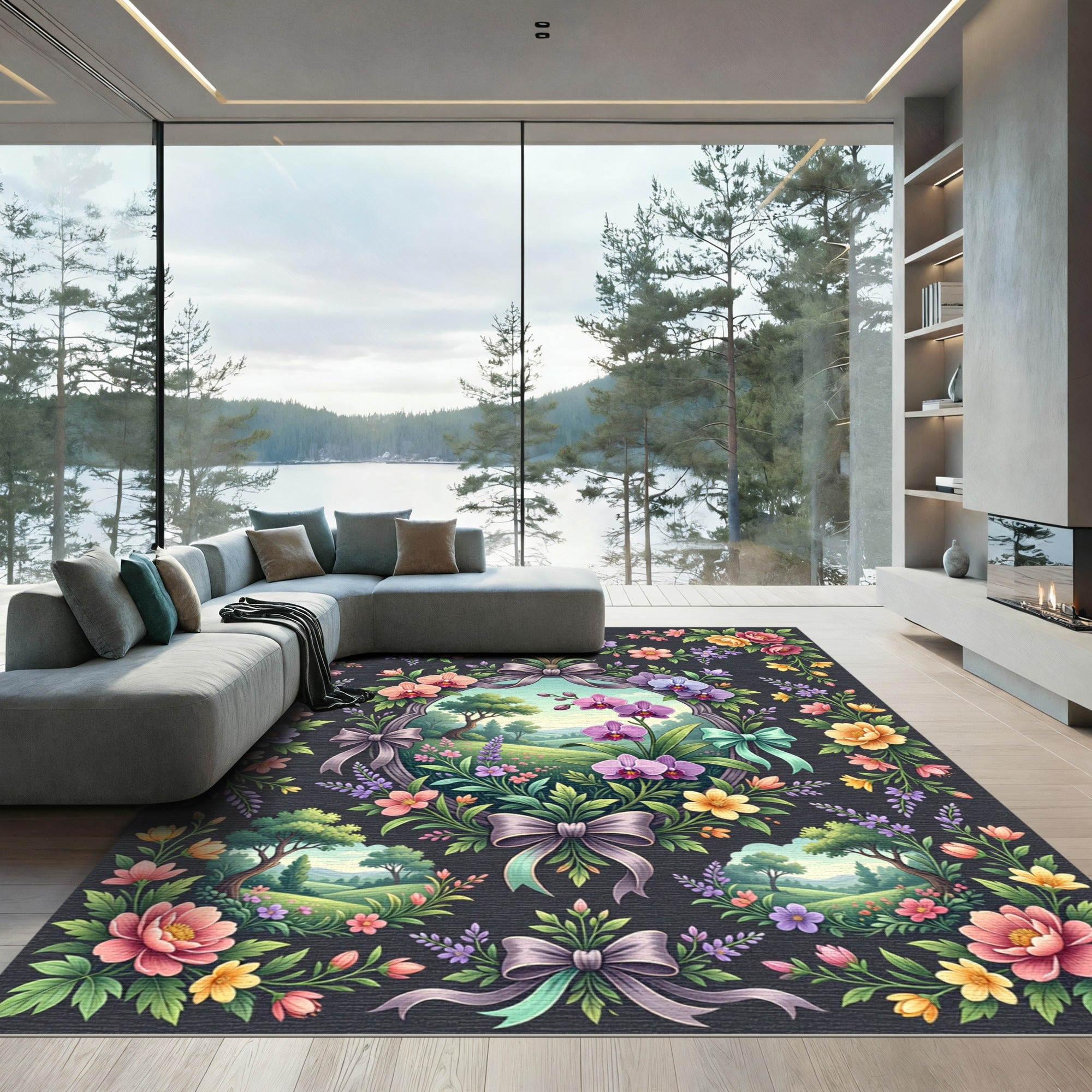Ornate Orchid Meadow Botanical Frame Rug