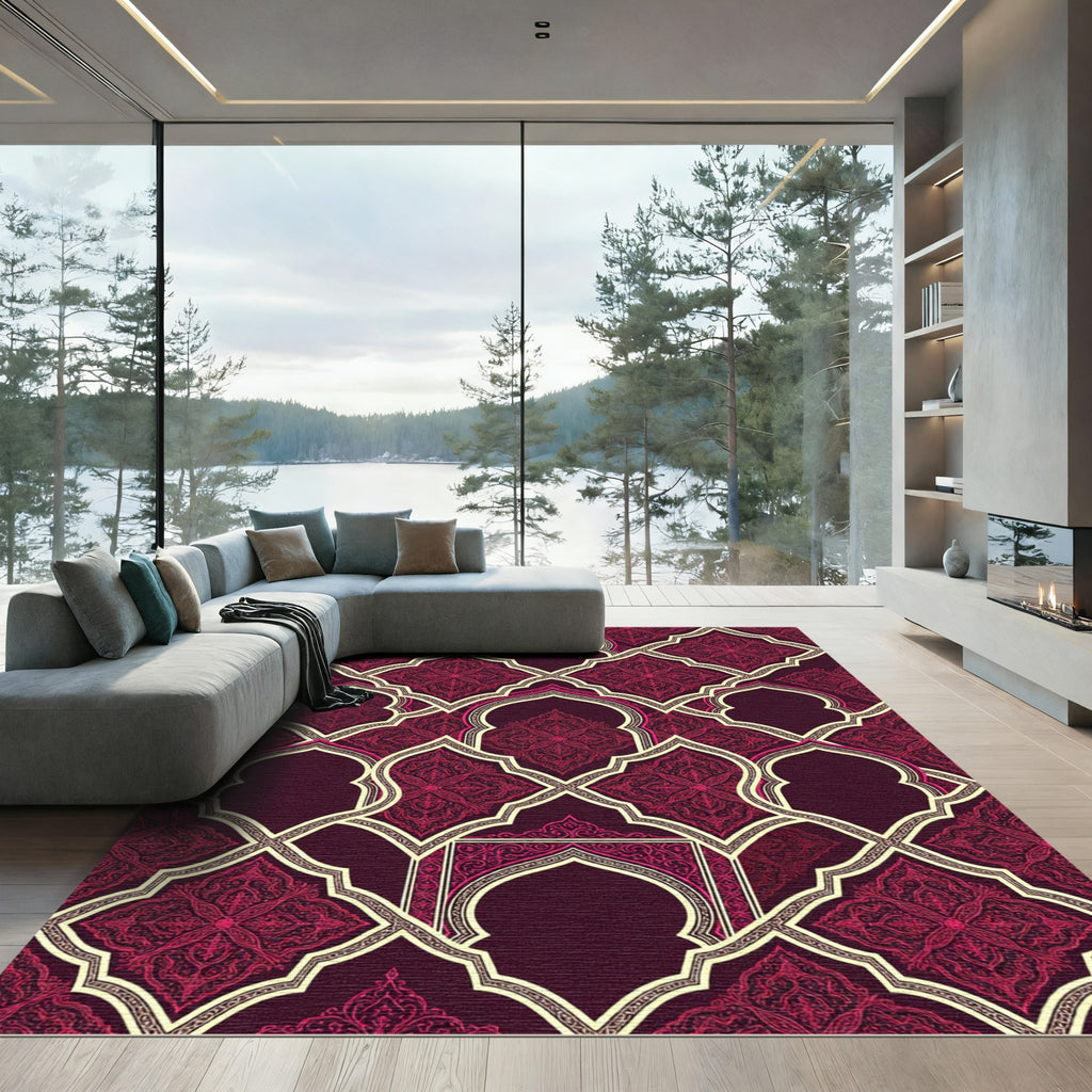 Deep Burgundy Floral Damask Lattice Rug