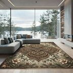 Ornate Golden Floral Vine Medallion Rug