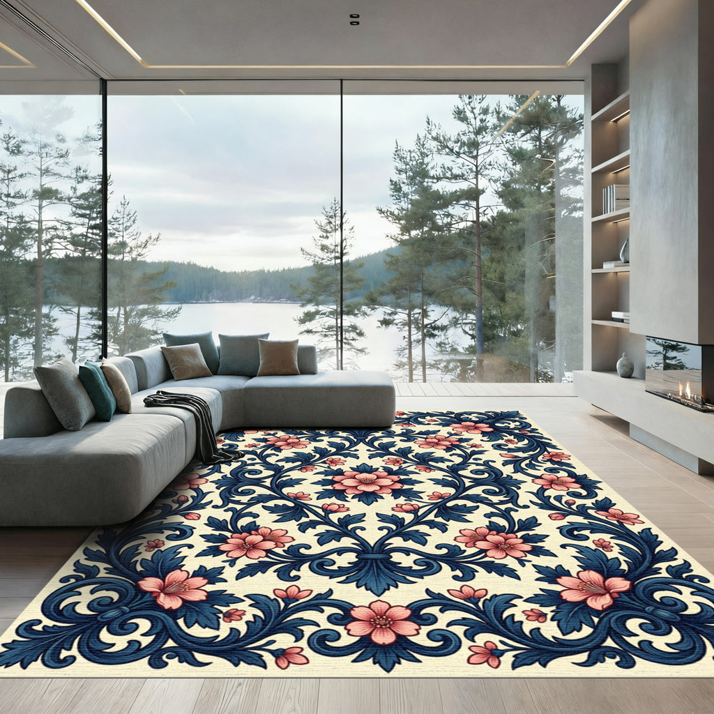 Elegant Navy Coral Floral Scrollwork Rug