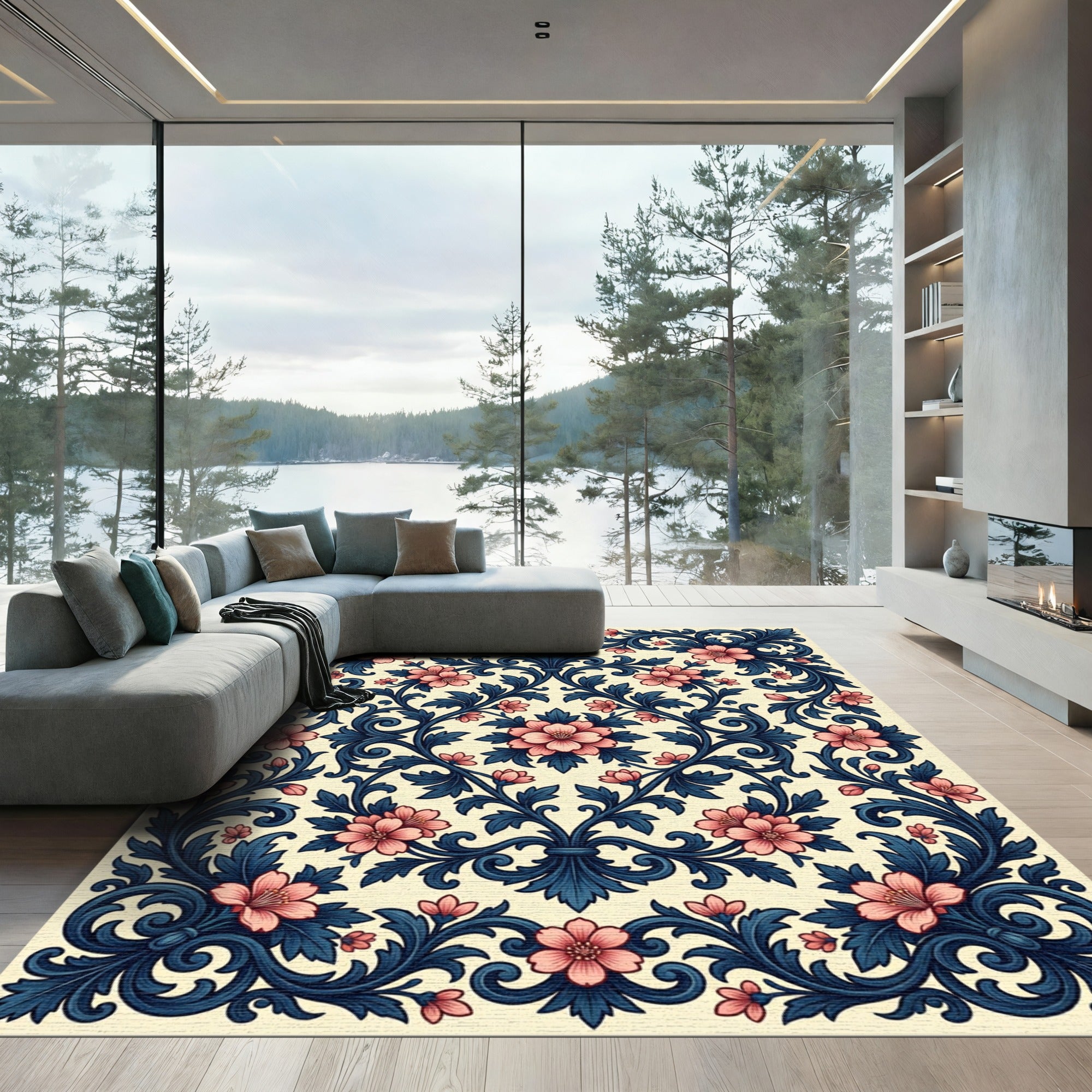 Elegant Navy Coral Floral Scrollwork Rug