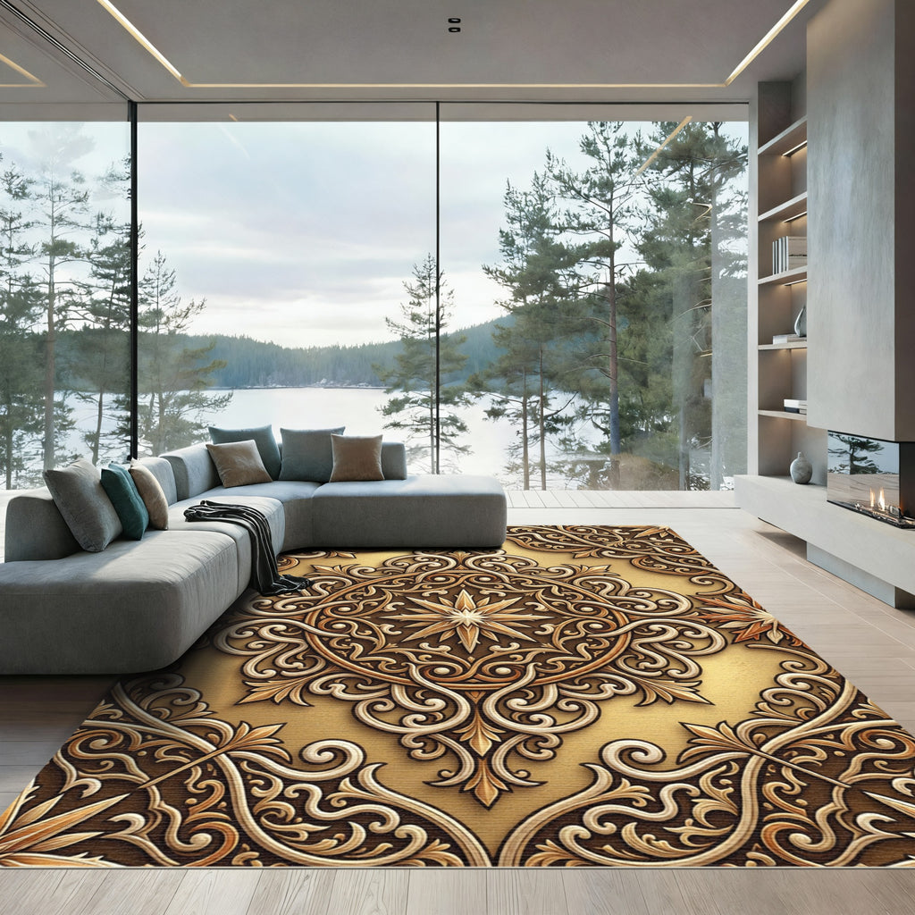 Intricate Golden Scrollwork Starburst Rug