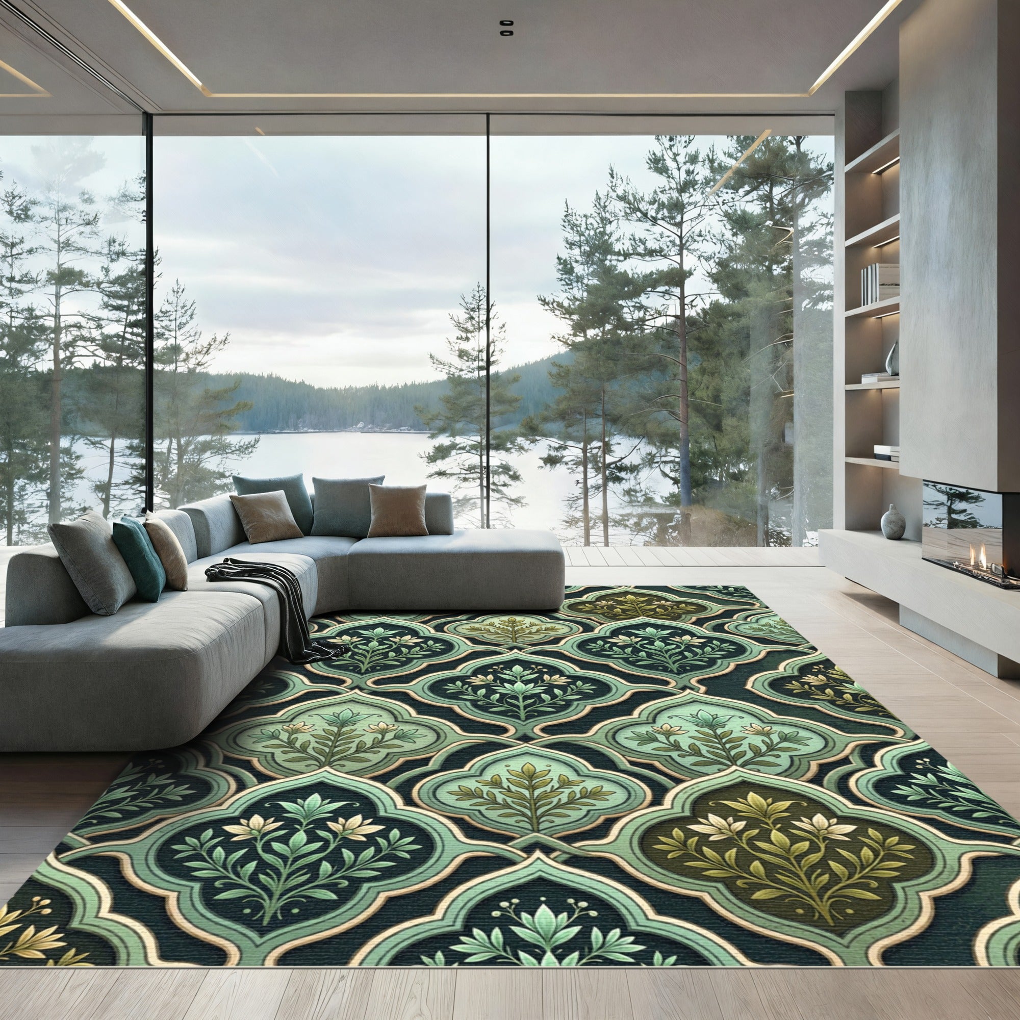 Green Floral Arabesque Lattice Rug