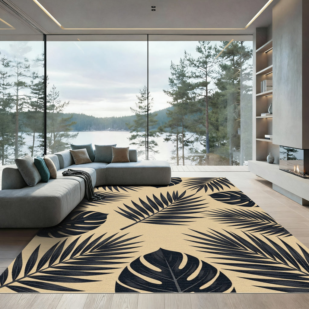 Dark Tropical Leaf Beige Botanical Rug