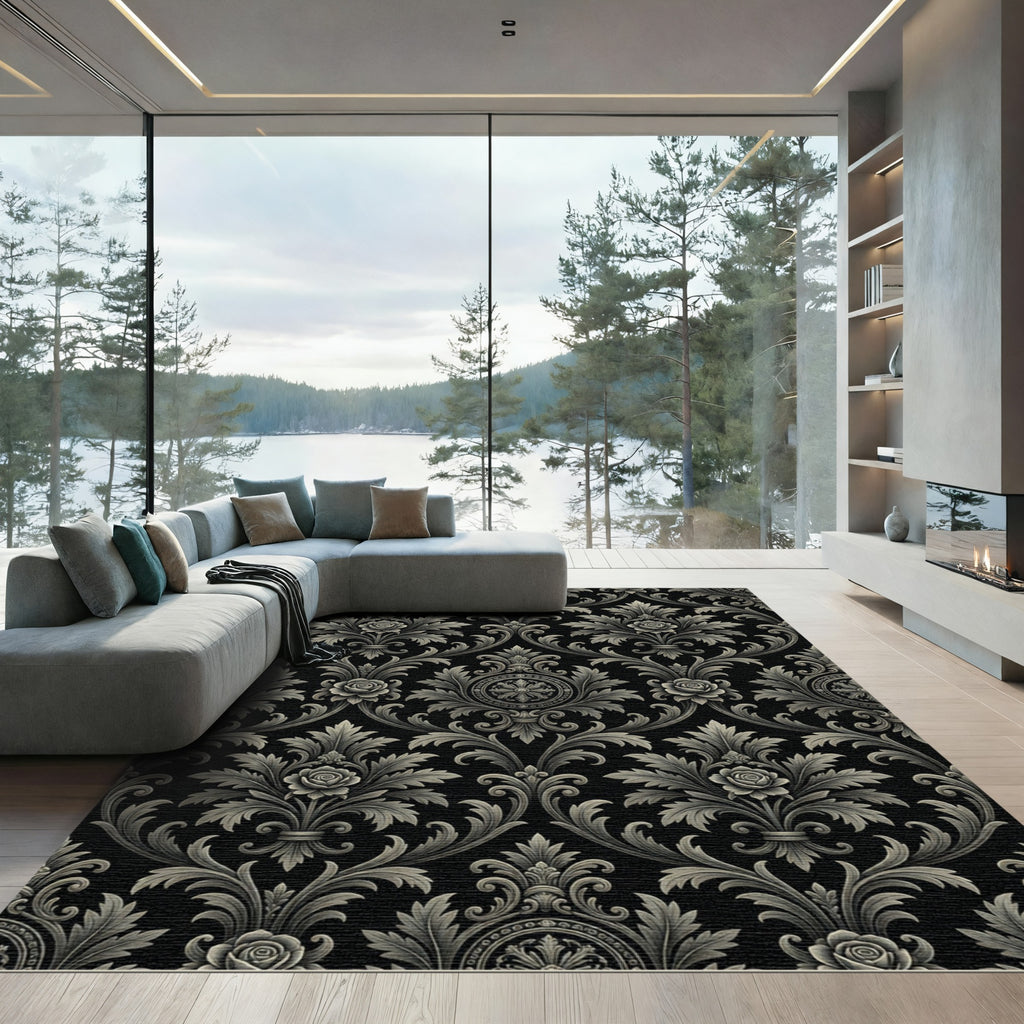 Elegant Black and Silver Damask Rose Rug