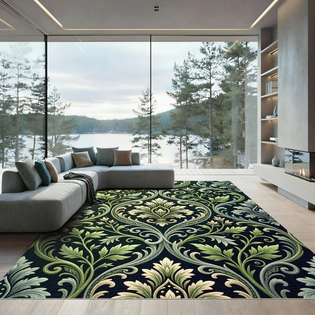 Emerald Olive Damask Foliage Scroll Rug